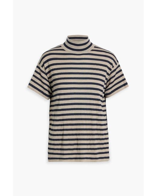 Brunello Cucinelli Gray Metallic Striped Cashmere-Blend Turtleneck Top