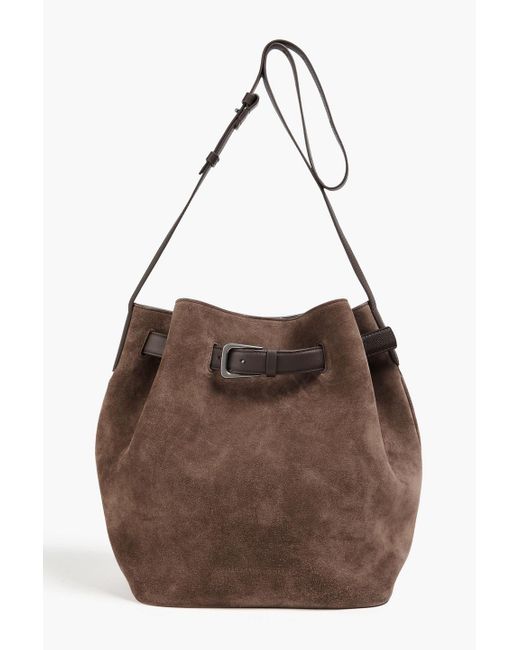 Brunello Cucinelli Brown Leather-Trimmed Suede Bucket Bag