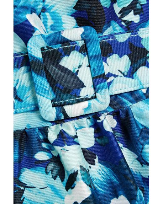Badgley Mischka Blue Floral-print Satin-twill Midi Dress