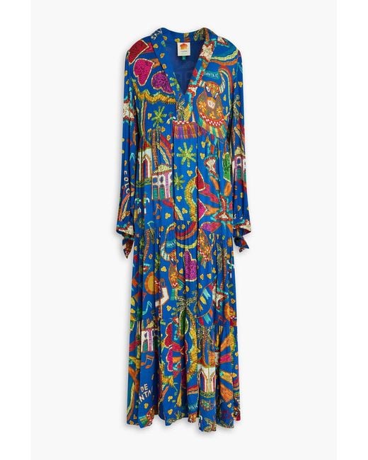 Farm Rio Blue Gathered Printed Crepe Maxi Dress