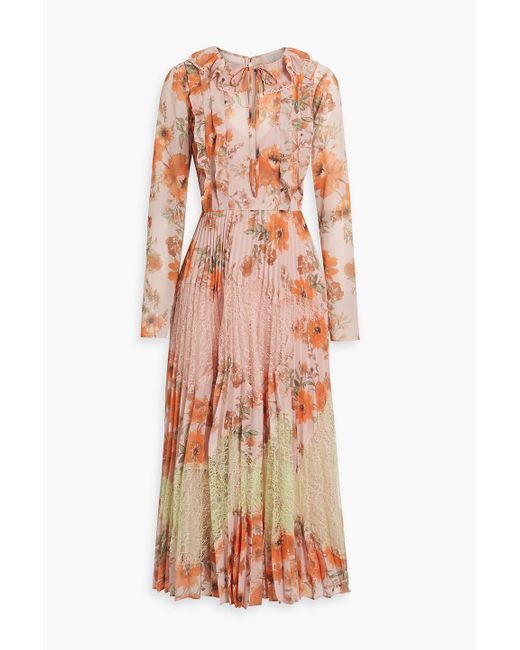 Mikael Aghal Pink Corded Lace-paneled Floral-print Crepe De Chine Midi Dress