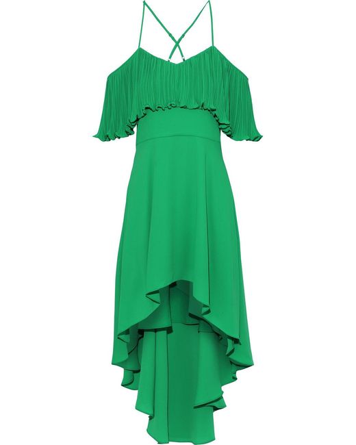 Halston Heritage Green Cold-Shoulder Plissé-Paneled Crepe De Chine Dress