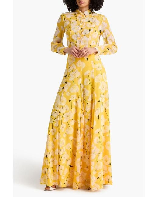 Carolina Herrera Yellow Floral-Print Silk-Crepon Wide-Leg Pants