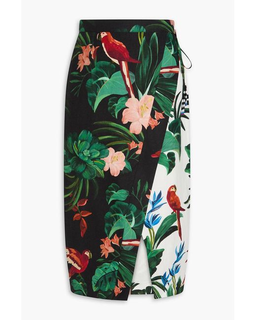 Farm Rio Green Floral-print Linen-blend Midi Wrap Skirt