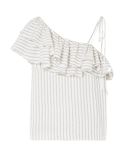 Ganni Wilkie Ruffled Striped Silk And Cotton-blend Seersucker Top in White  | Lyst Canada