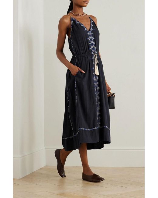 Isabel Marant Blue Siana Belted Embroidered Cotton-Gauze Midi Dress