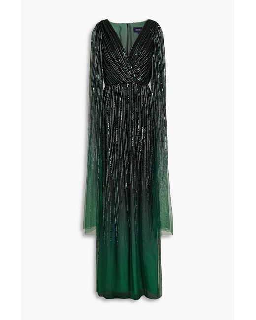 Marchesa Green Cape-effect Embellished Tulle Gown