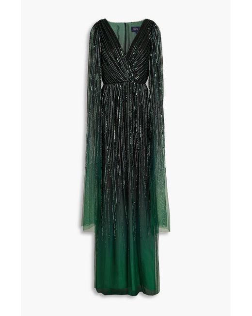Marchesa Green Cape-effect Embellished Tulle Gown