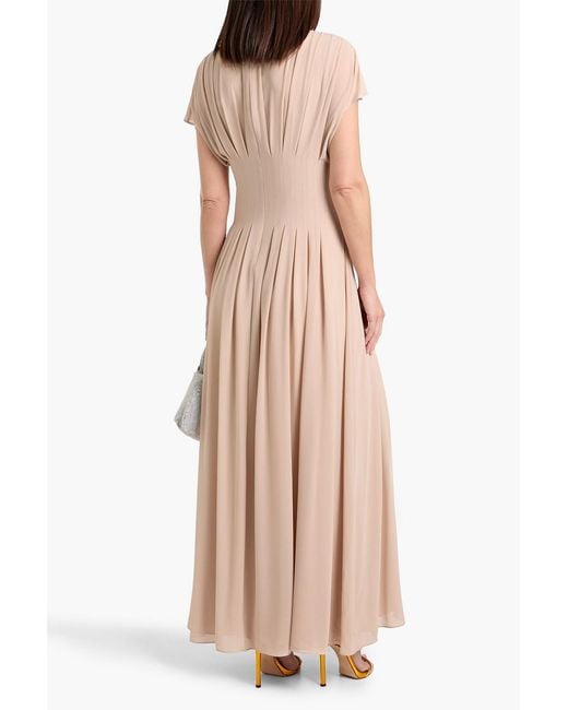 Mikael Aghal Natural Pussy-Bow Pleated Chiffon Maxi Dress