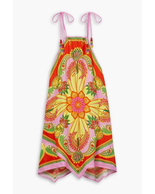 Farm Rio Orange Bead-embellished Printed Satin Mini Dress