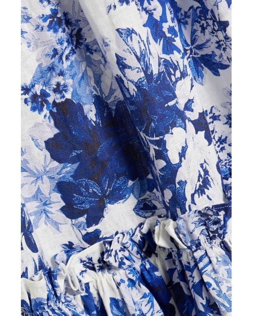 Cara Cara Blue hill midikleid aus leinen mit floralem print und rüschen