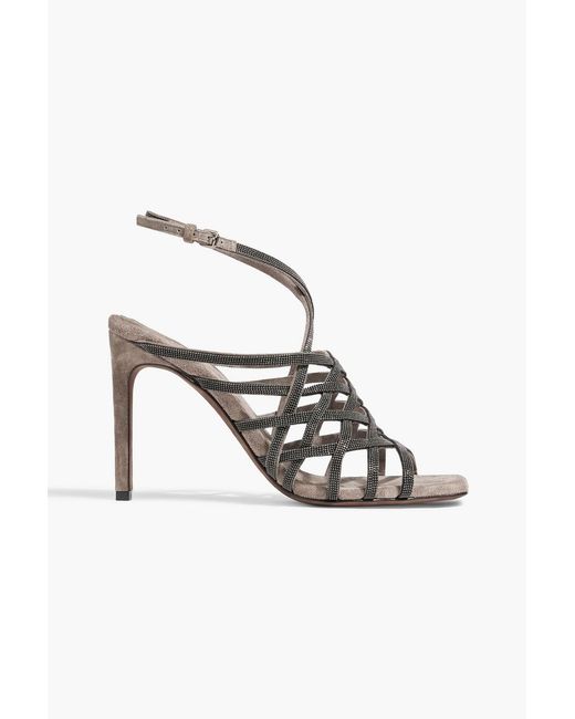 Brunello Cucinelli White Bead-embellished Suede Slingback Sandals