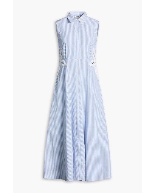 Sandro Blue Embellished Striped Cotton-Blend Midi Shirt Dress