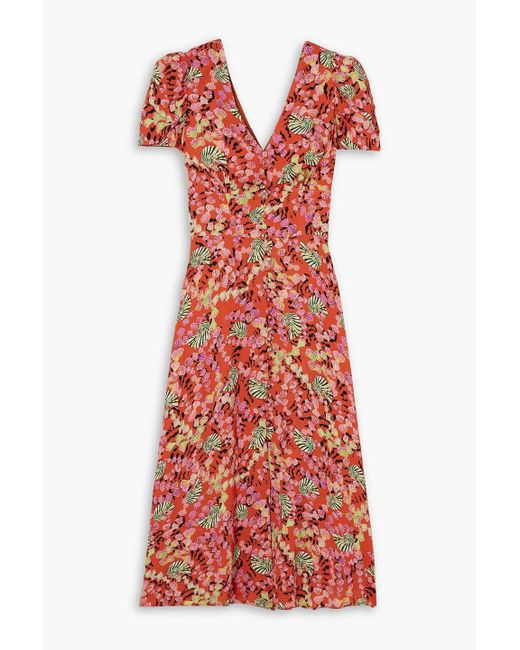 Saloni Red Margot Button-embellished Printed Crepe De Chine Midi Dress
