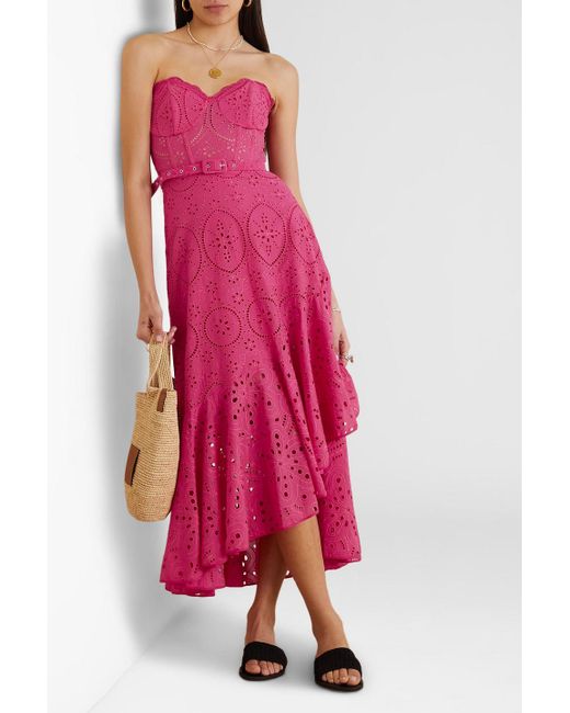 Charo Ruiz Pink Aurora Strapless Ruffled Broderie Anglaise Cotton-blend Midi Dress