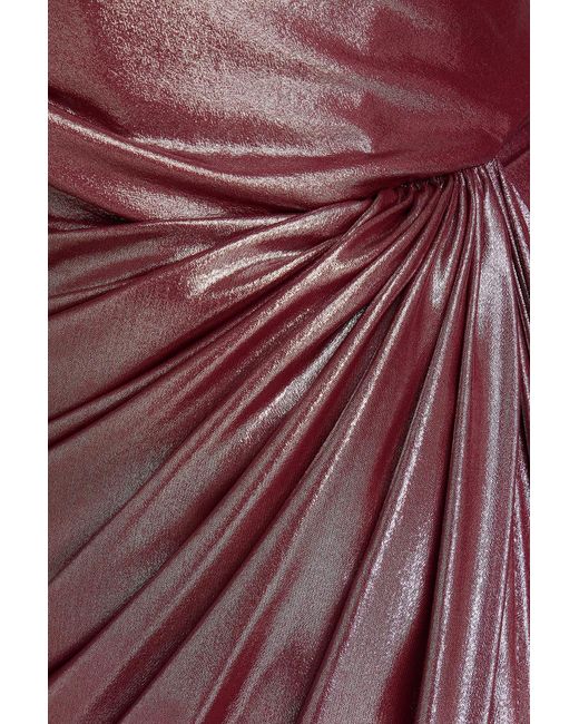 Rhea Costa Red Strapless Draped Lamé Gown