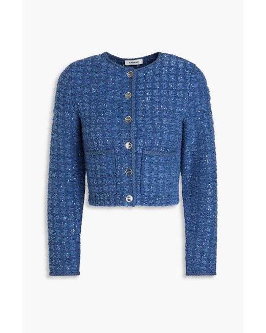 Sandro Blue Cropped Sequin-embellished Bouclé Jacket