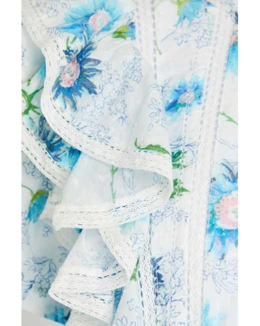 LoveShackFancy Blue Natasha gestuftes minikleid aus baumwolle mit floralem print und eingewebten punkten