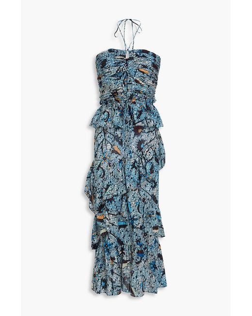 Ulla Johnson Blue Ruffled Cutout Printed Cotton-Blend Halterneck Midi Dress