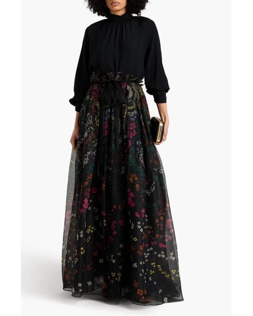 Zuhair Murad Black Pleated Floral-print Silk-organza Maxi Skirt