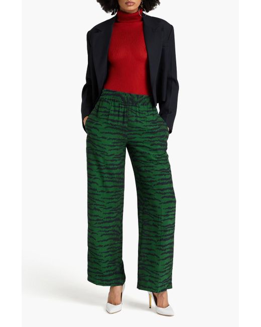 Victoria Beckham Green Tiger-print Silk-crepe De Chine Wide-leg Pants