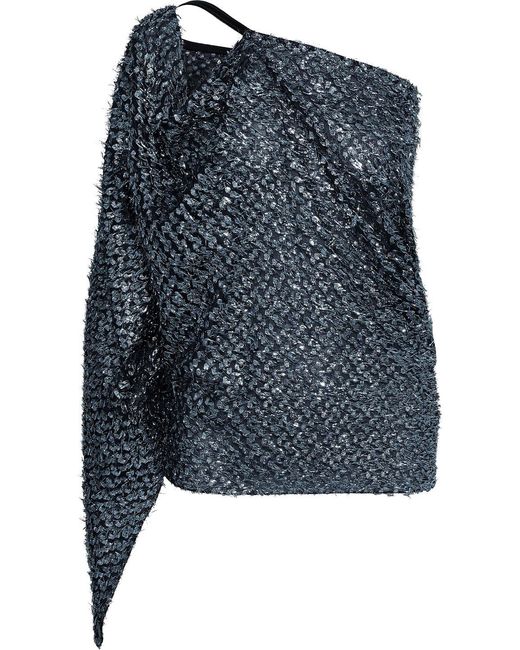 Roland Mouret Blue Kara One-Shoulder Metallic Fil Coupé Chiffon Top