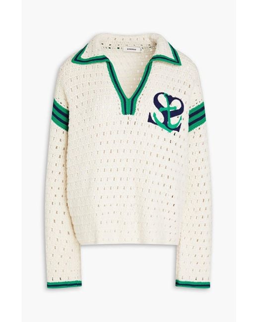Sandro White Nicolas Embroidered Crochet-knit Wool Polo Sweater