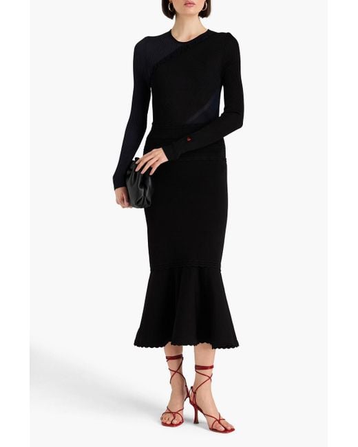 Victoria Beckham Black Fluted Pointelle-knit Midi Skirt