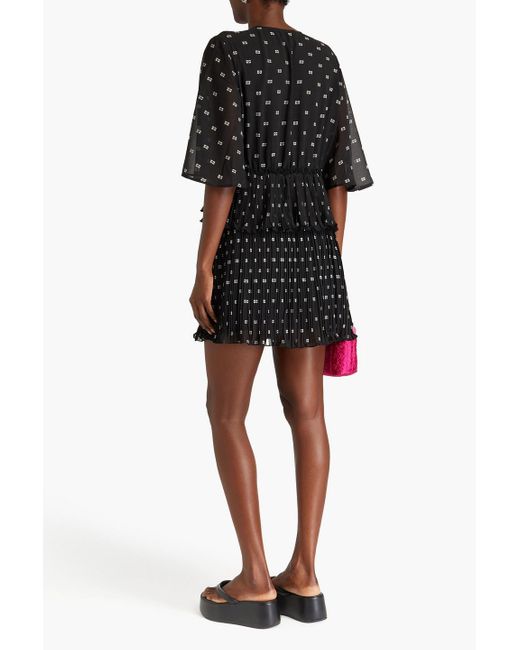 Ganni Black Gestuftes minikleid aus georgette mit print