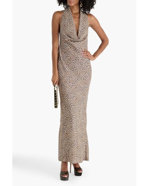 Norma Kamali Natural Draped Leopard-Print Crepe De Chine Maxi Dress