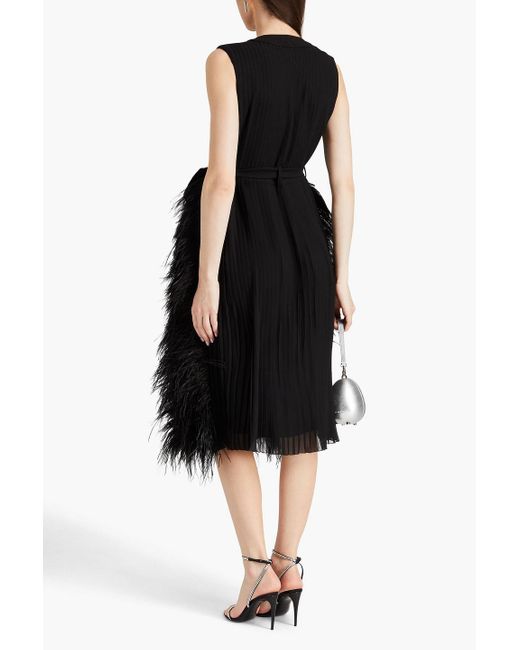 Huishan Zhang Black Belted Feather-trimmed Pintucked Crepe Midi Dress