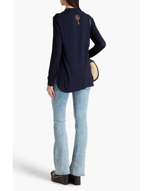 Camilla Black Crystal-Embellished Printed Silk-Jersey Top