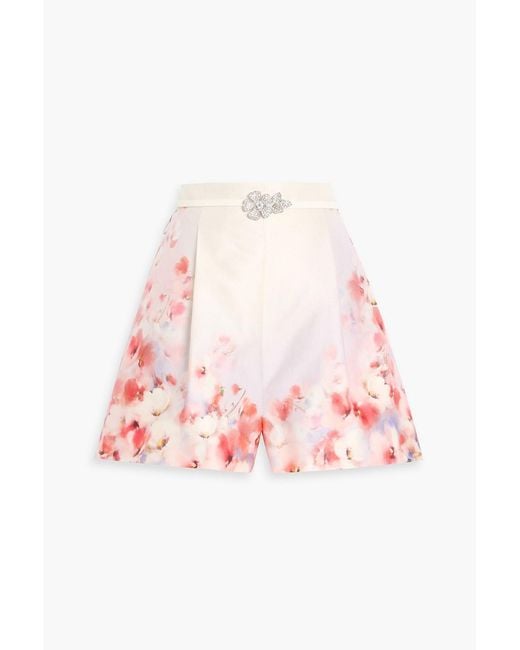 Zimmermann Red Crystal-Embellished Floral-Print Silk And Cotton-Blend Twill Shorts