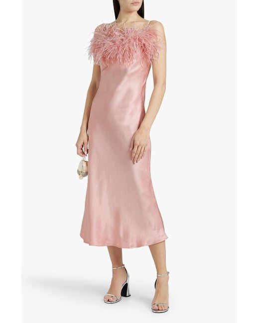 Sleeper Pink Boheme Feather-trimmed Satin Midi Slip Dress