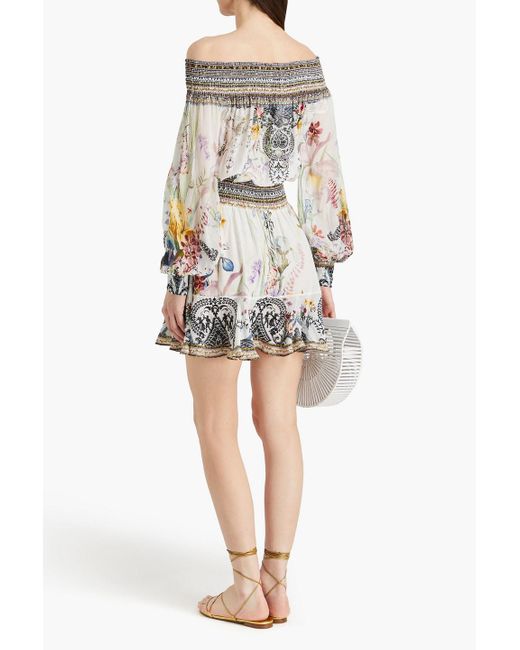 Camilla Gray Off-the-shoulder Printed Silk-chiffon Mini Dress