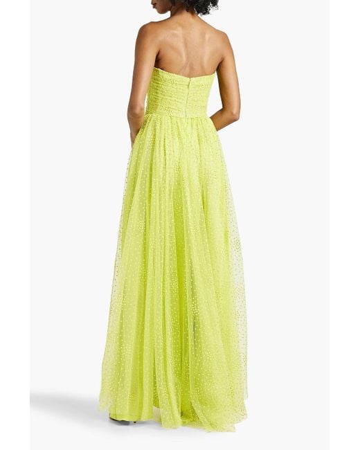 Monique Lhuillier Yellow Strapless Pleated Tulle Gown