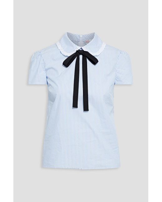 RED Valentino Blue Pussy-bow Ruffle-trimmed Striped Cotton-blend Poplin Top