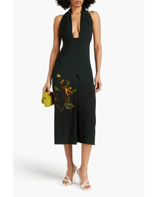 Victoria Beckham Black Floral-print Crepe Halterneck Midi Dress