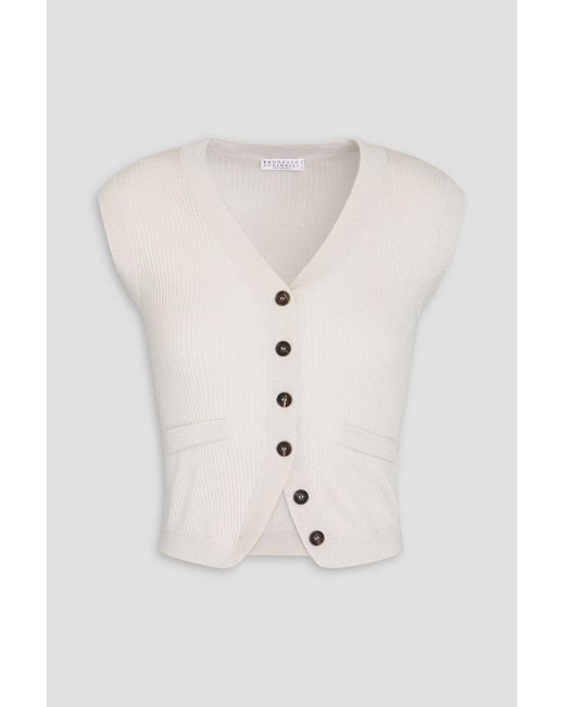 Brunello Cucinelli White Gerippte weste aus einer kaschmirmischung mit metallic-effekt