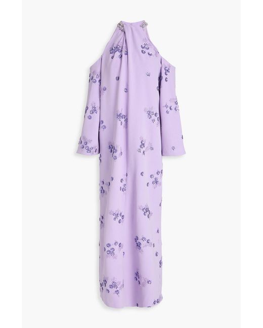 Huishan Zhang Purple Vitto Cold-shoulder Embellished Stretch-crepe Gown