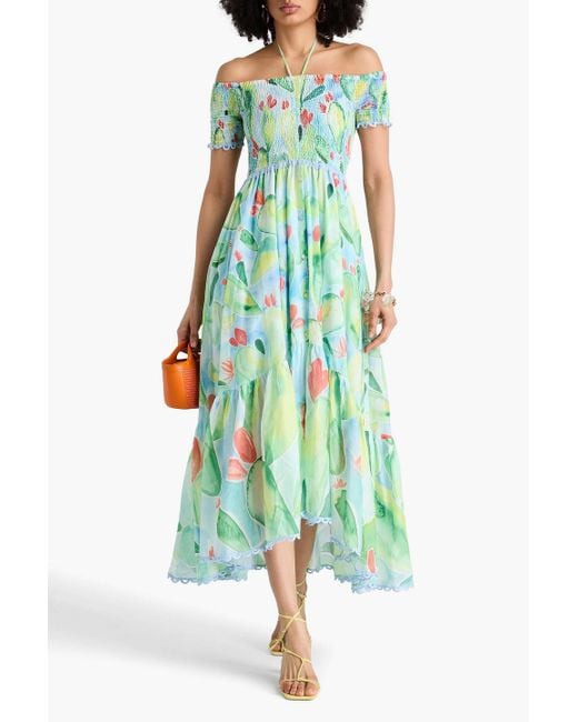 Charo Ruiz Green Cold-Shoulder Printed Cotton-Blend Voile Midi Dress