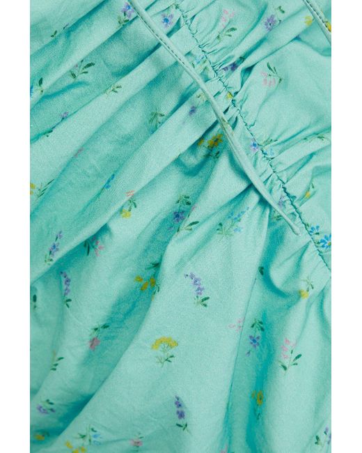 Ganni Green Ruched Floral-print Cotton Mini Dress
