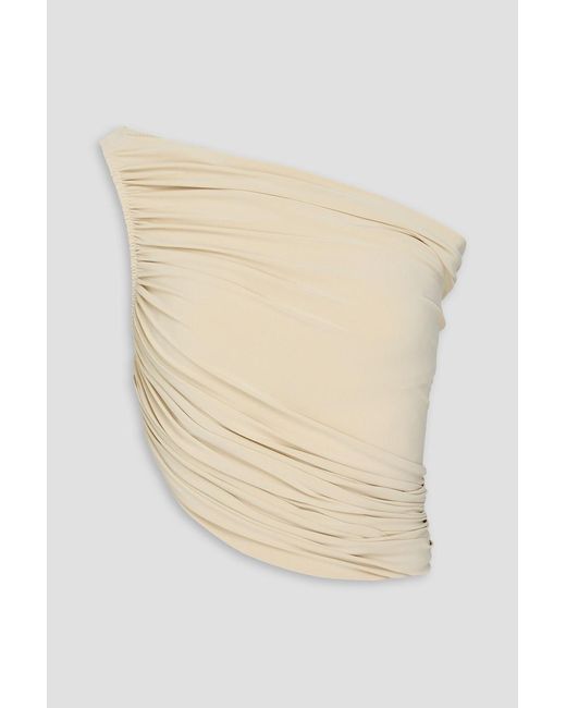 Norma Kamali Natural Diana Cropped One-Shoulder Draped Stretch-Jersey Top
