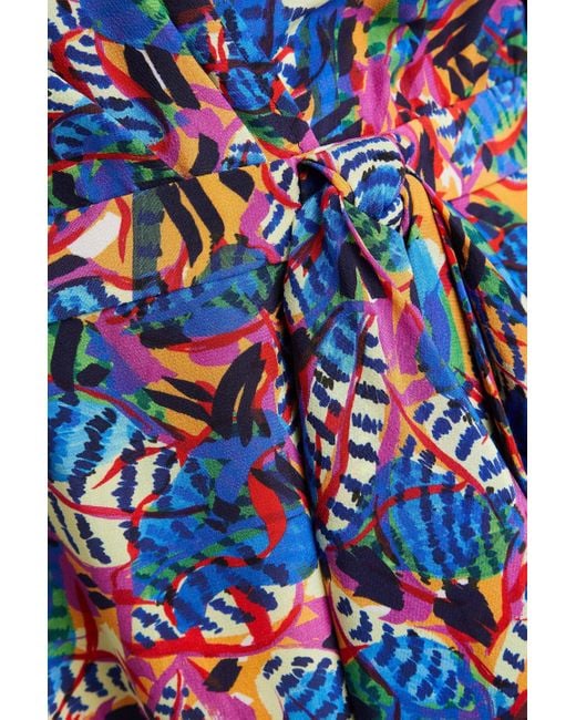 Saloni Blue Olivia Bow-embellished Printed Silk Crepe De Chine Midi Dress