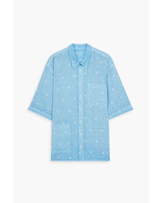 120% Lino Blue Embroidered Linen Shirt for men