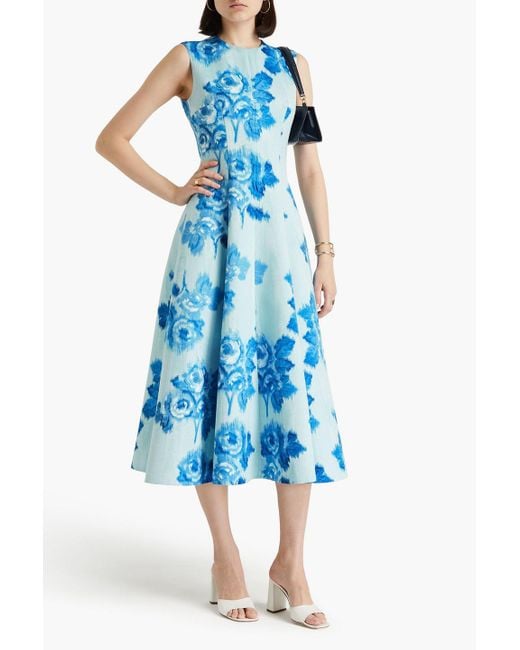 Emilia Wickstead Blue Floral-print Faille Midi Dress