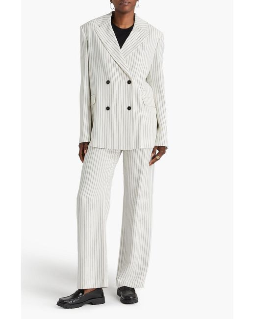 Loulou de Saison White Double-Breasted Pinstriped Twill Blazer