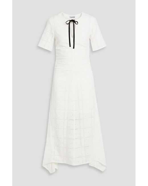 Ganni White Broderie Anglaise Cotton Midi Dress