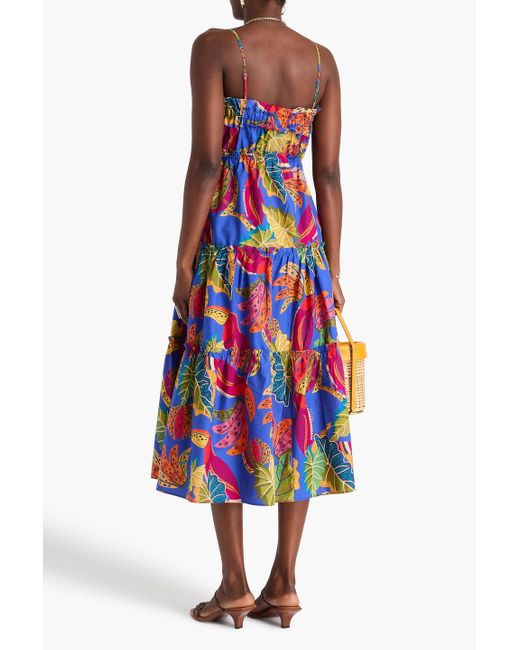 Farm Rio White Gestuftes midikleid aus baumwollpopeline mit print