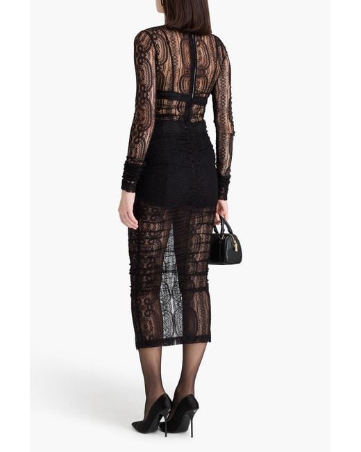 Dolce & Gabbana Black Ruched Lace Midi Dress